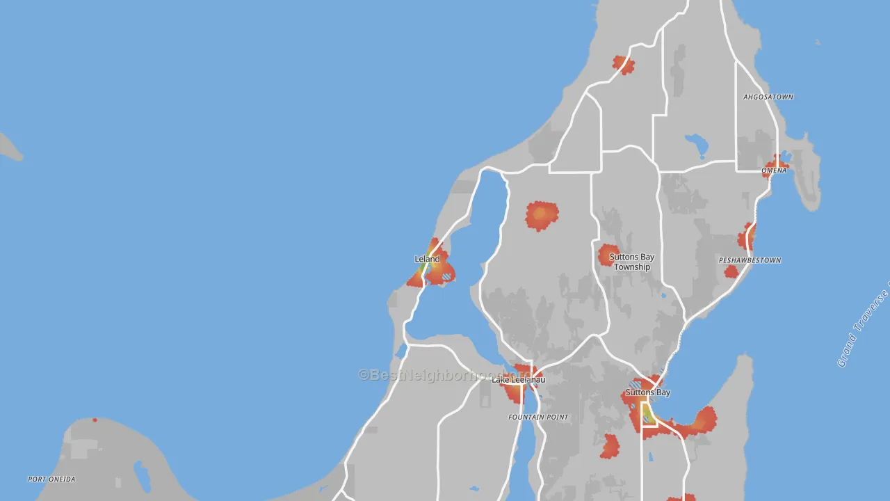 Walk Grade map of 49654, MI, walkable areas in green and car-dependent areas in red