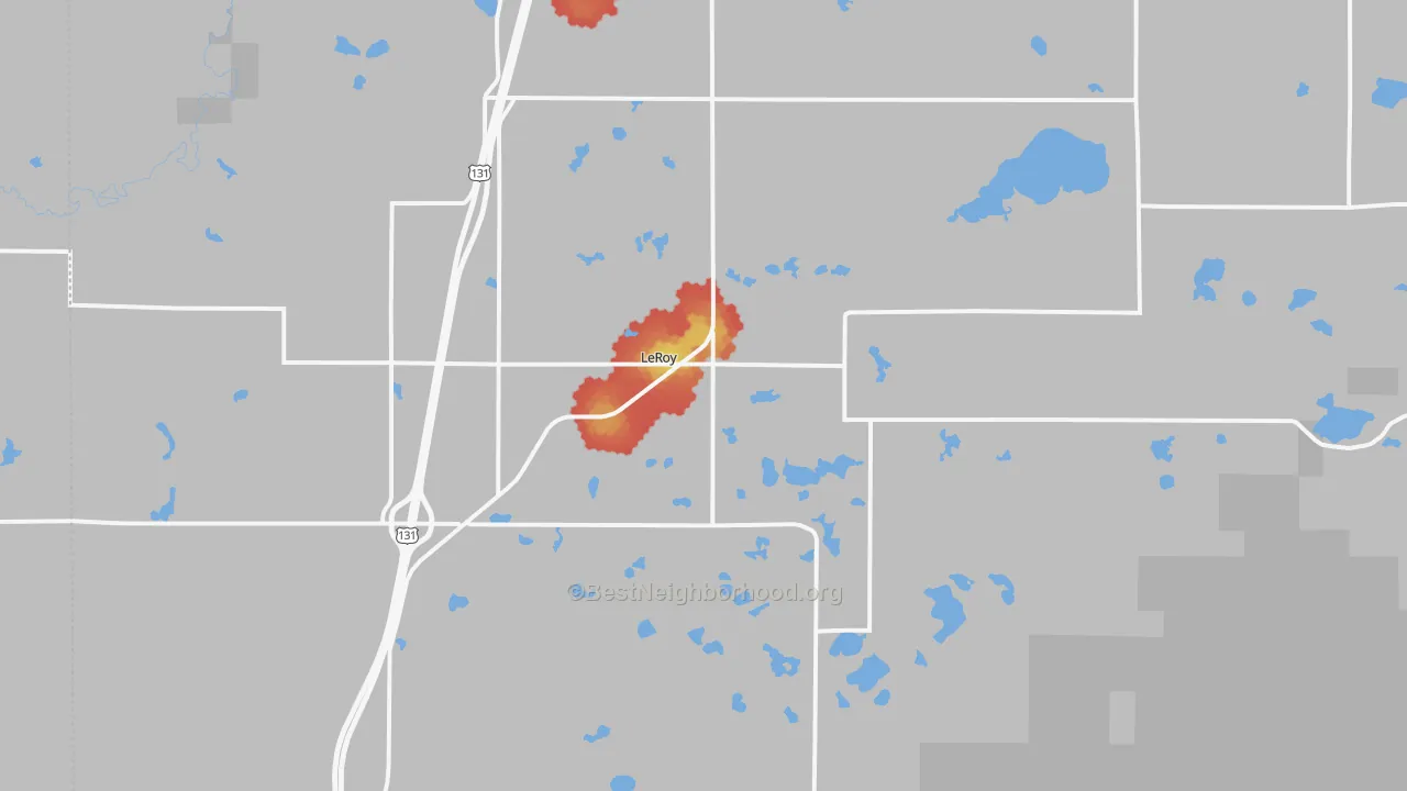 Walk Grade map of 49655, MI, walkable areas in green and car-dependent areas in red