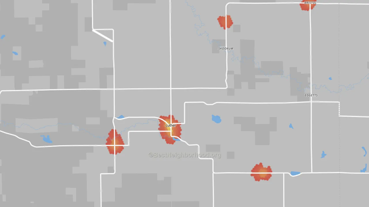Walk Grade map of 49656, MI, walkable areas in green and car-dependent areas in red