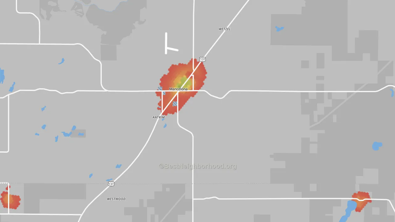 Walk Grade map of 49659, MI, walkable areas in green and car-dependent areas in red