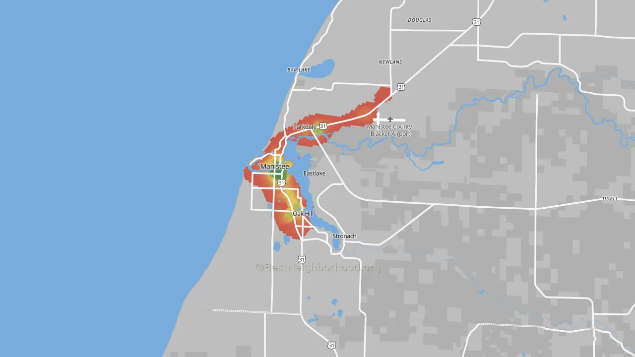 Walk Grade map of 49660, MI, walkable areas in green and car-dependent areas in red