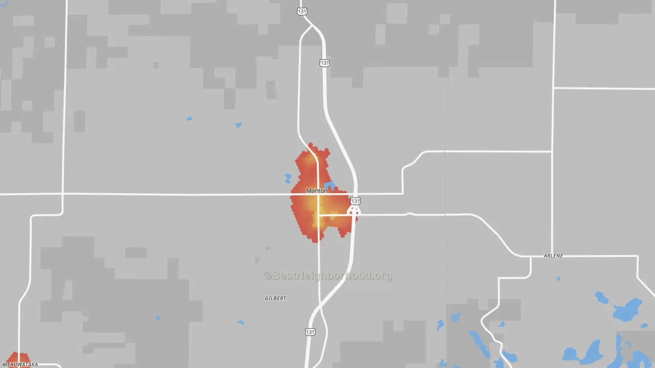 Walk Grade map of 49663, MI, walkable areas in green and car-dependent areas in red