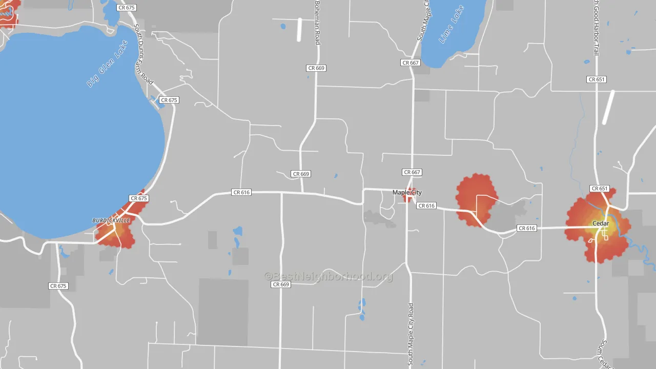 Walk Grade map of 49664, MI, walkable areas in green and car-dependent areas in red