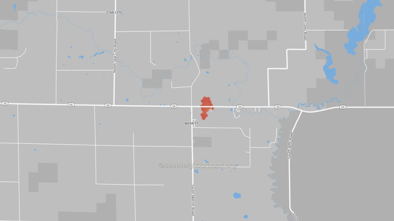 Walk Grade map of 49667, MI, walkable areas in green and car-dependent areas in red