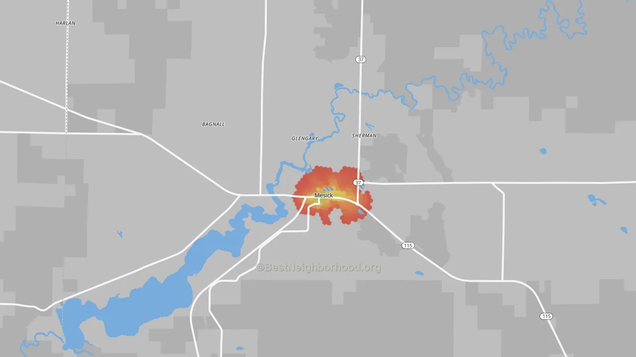 Walk Grade map of 49668, MI, walkable areas in green and car-dependent areas in red