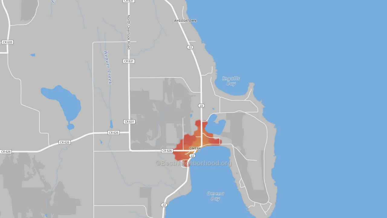 Walk Grade map of 49674, MI, walkable areas in green and car-dependent areas in red