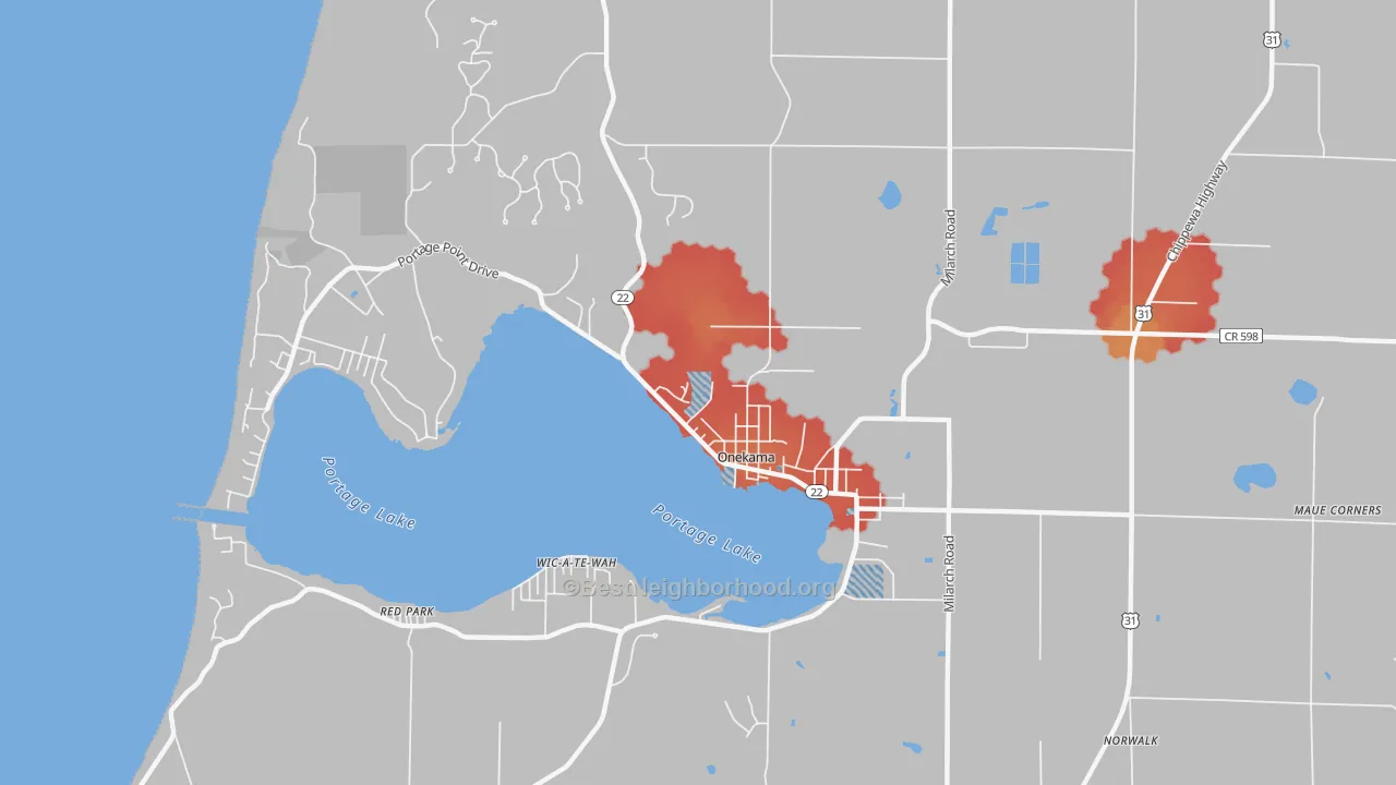 Walk Grade map of 49675, MI, walkable areas in green and car-dependent areas in red