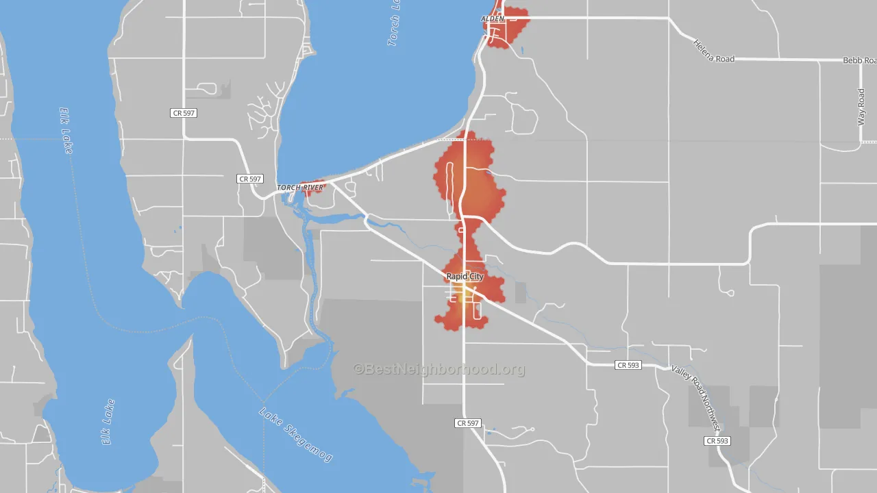 Walk Grade map of 49676, MI, walkable areas in green and car-dependent areas in red