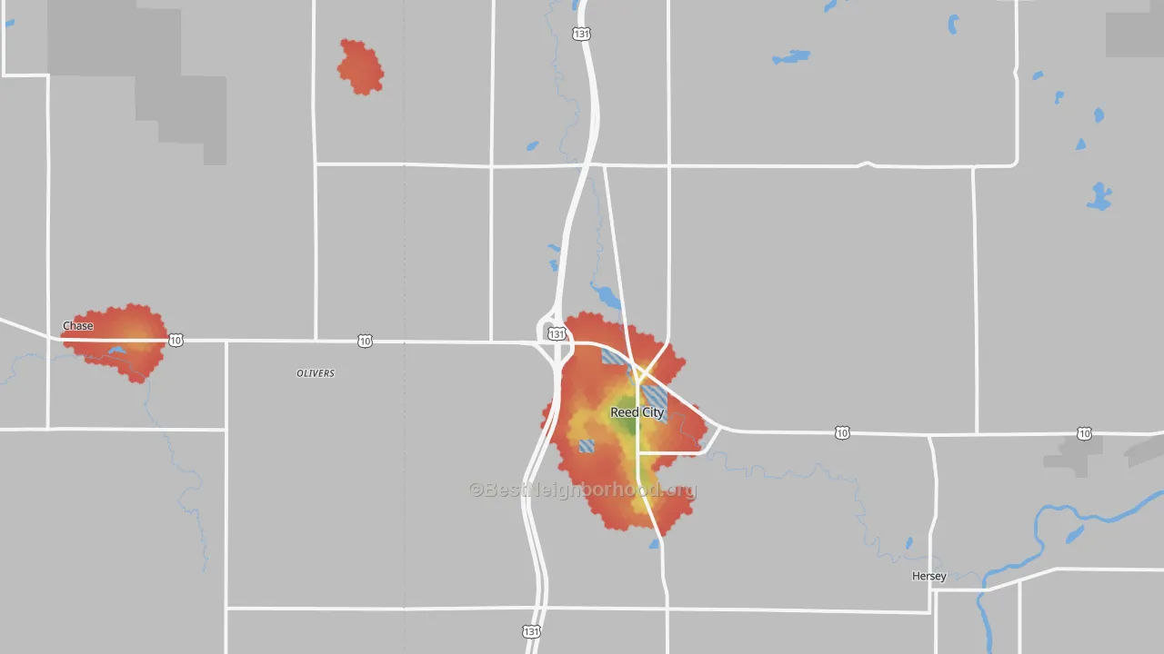 Walk Grade map of 49677, MI, walkable areas in green and car-dependent areas in red