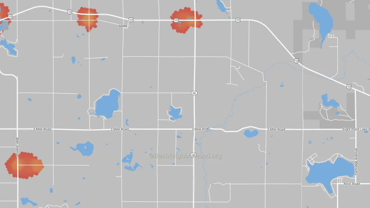 Walk Grade map of 49679, MI, walkable areas in green and car-dependent areas in red