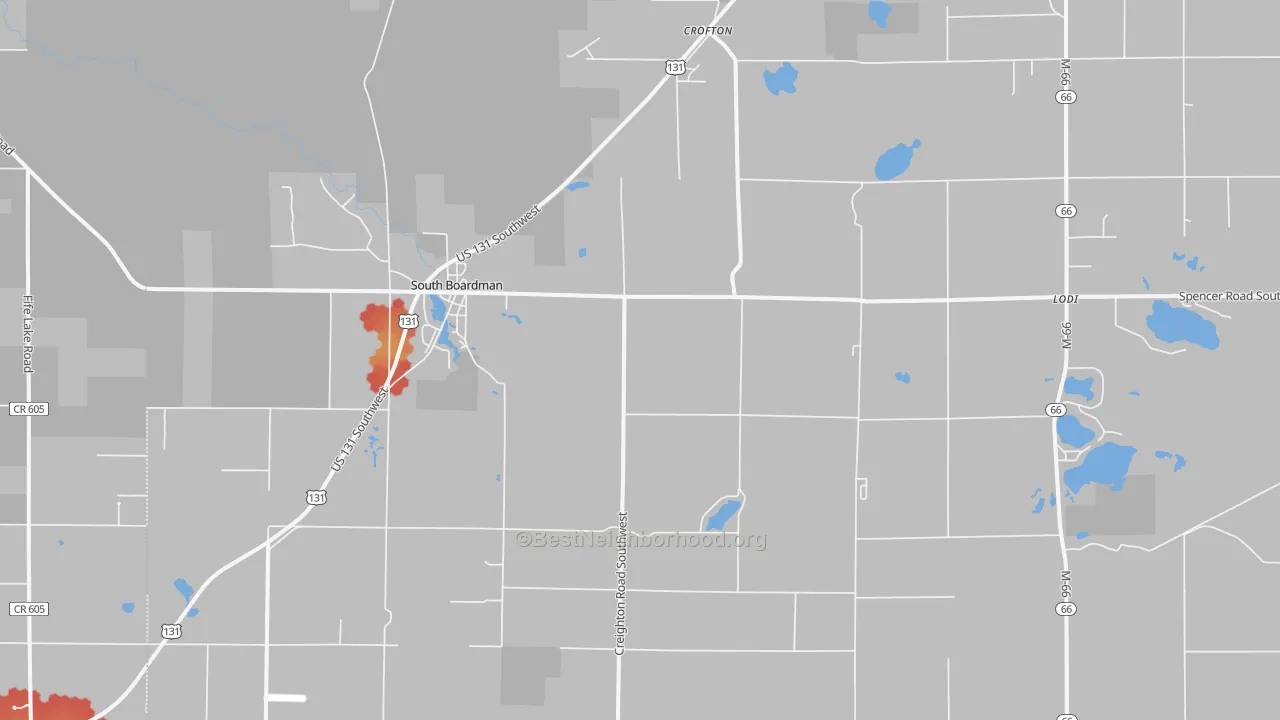 Walk Grade map of 49680, MI, walkable areas in green and car-dependent areas in red
