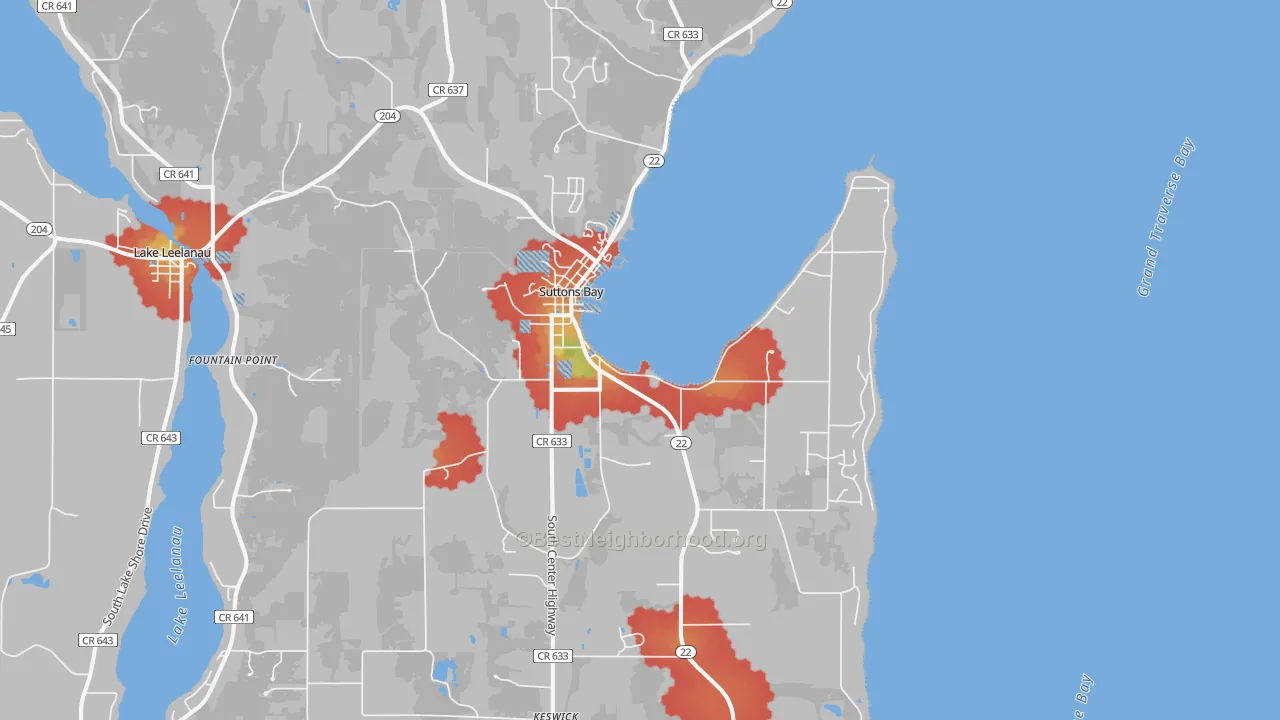 Walk Grade map of 49682, MI, walkable areas in green and car-dependent areas in red