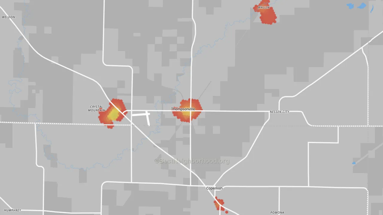 Walk Grade map of 49683, MI, walkable areas in green and car-dependent areas in red