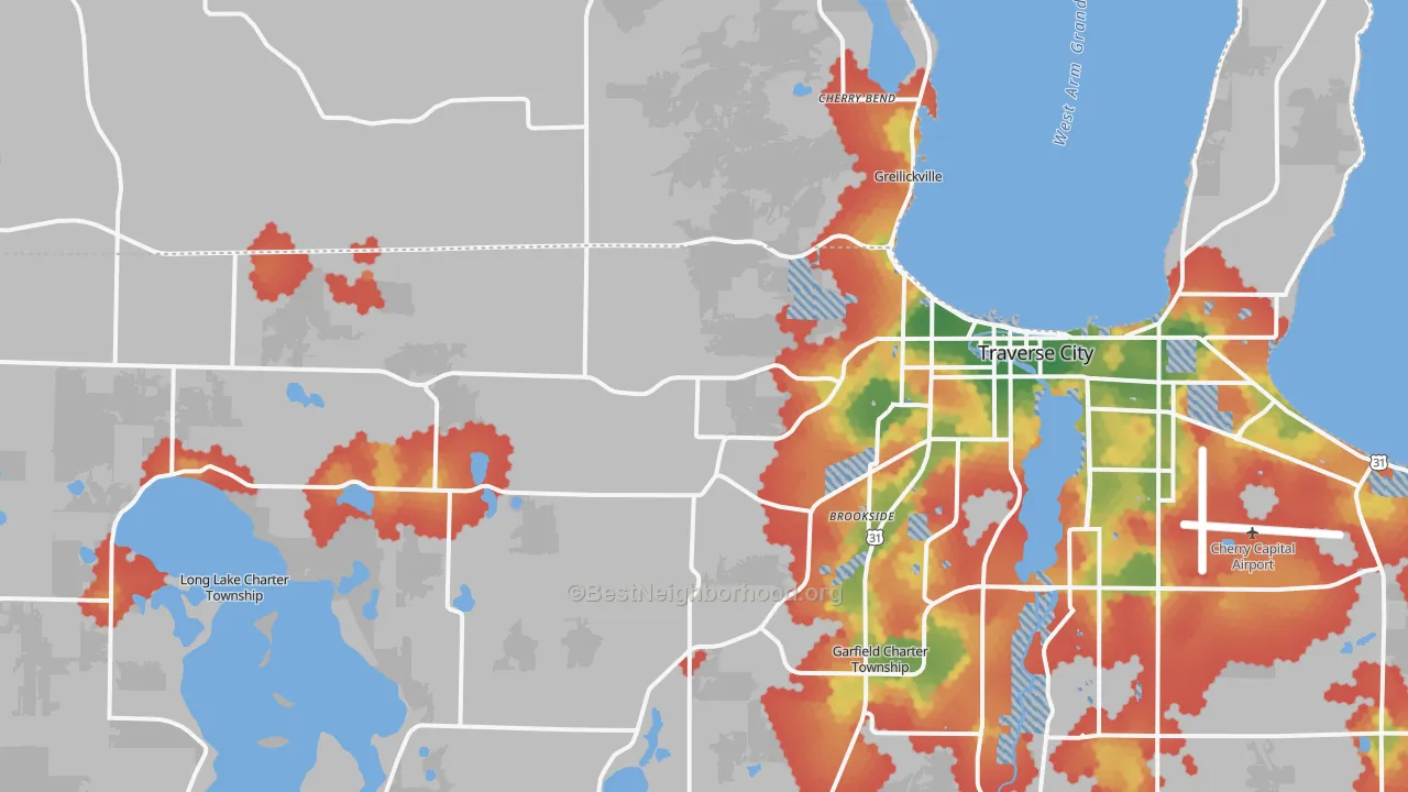 Walk Grade map of 49684, MI, walkable areas in green and car-dependent areas in red