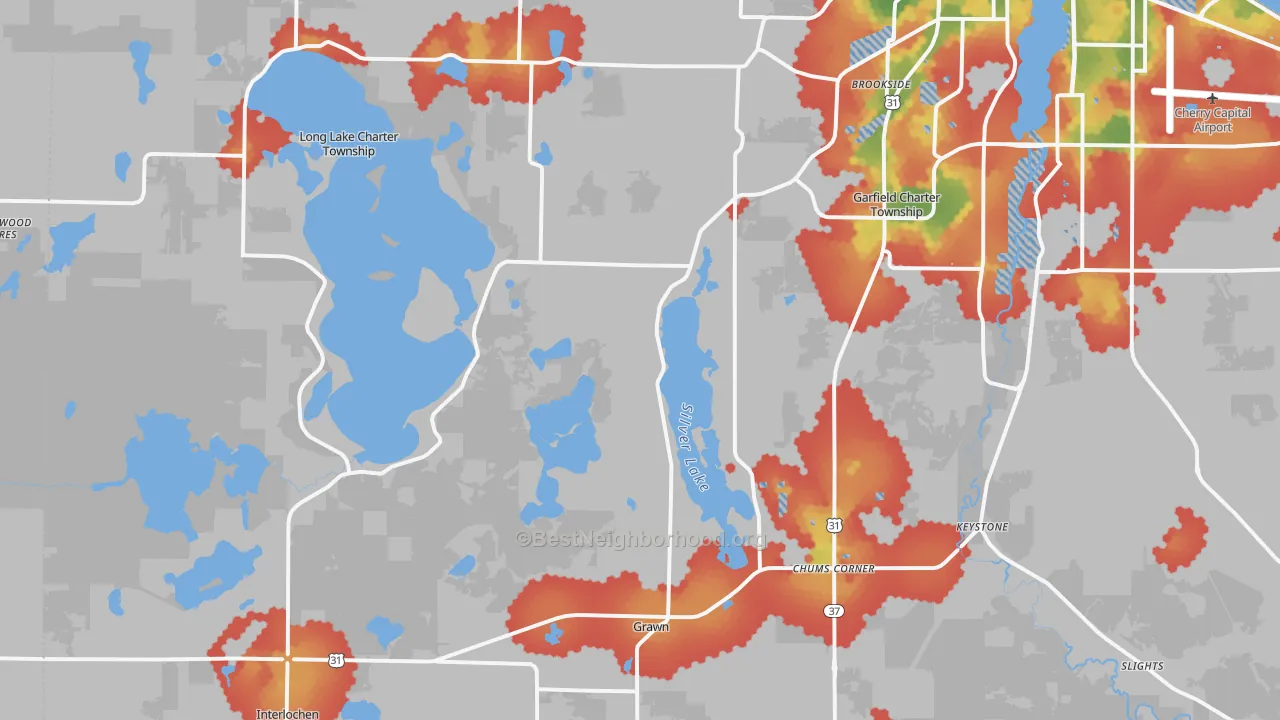 Walk Grade map of 49685, MI, walkable areas in green and car-dependent areas in red