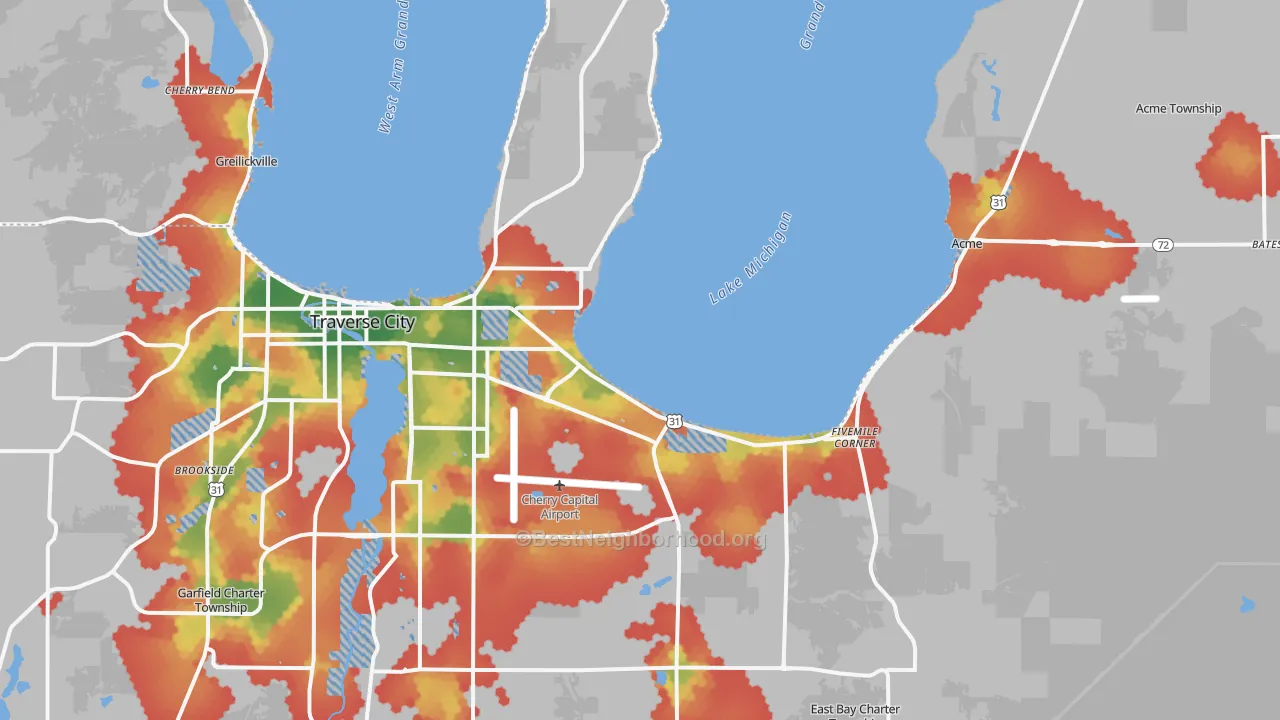 Walk Grade map of 49686, MI, walkable areas in green and car-dependent areas in red