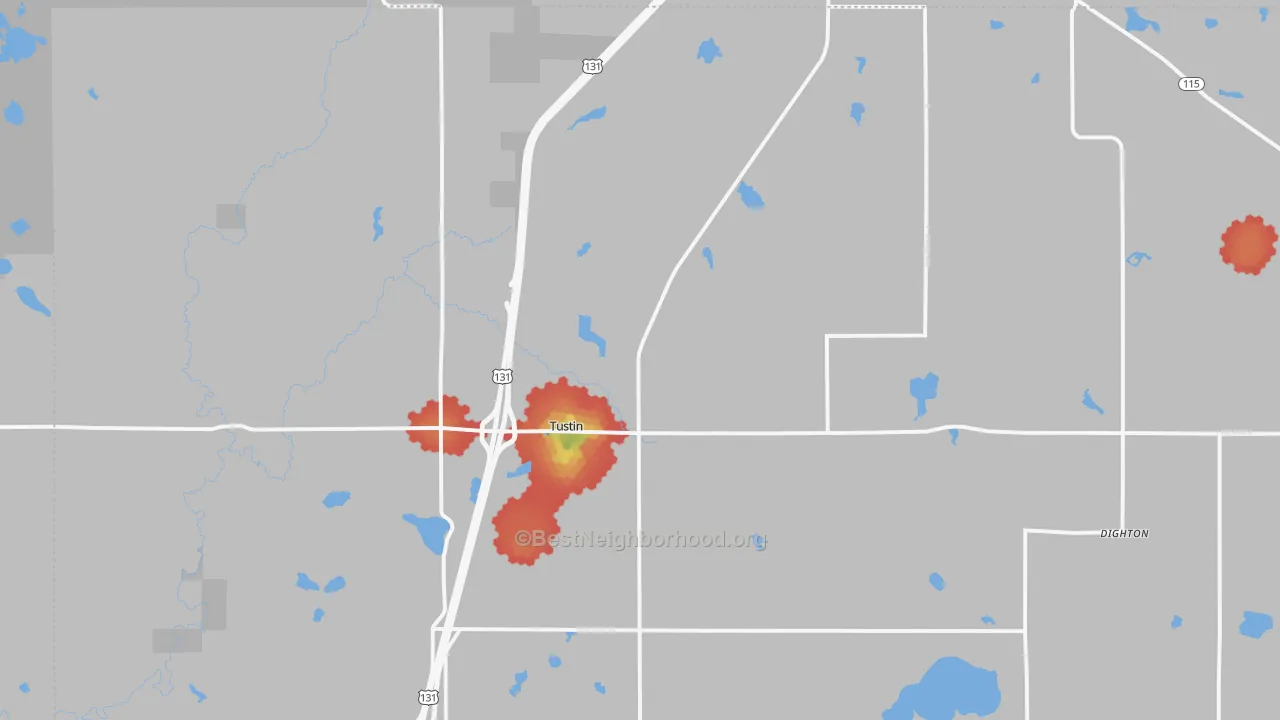 Walk Grade map of 49688, MI, walkable areas in green and car-dependent areas in red