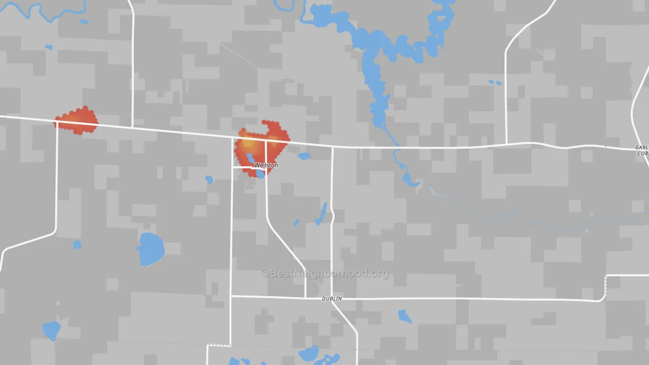 Walk Grade map of 49689, MI, walkable areas in green and car-dependent areas in red