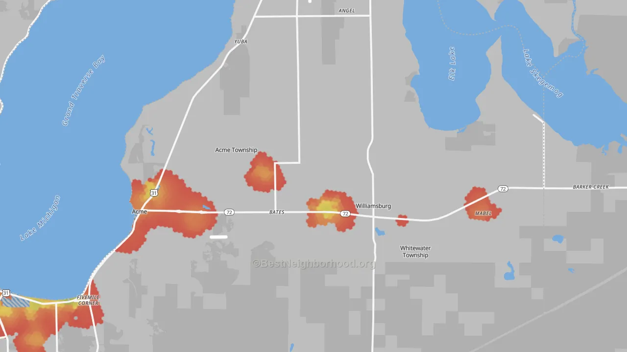Walk Grade map of 49690, MI, walkable areas in green and car-dependent areas in red