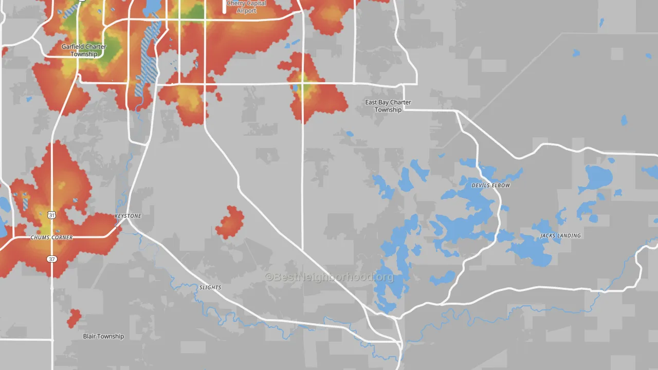Walk Grade map of 49696, MI, walkable areas in green and car-dependent areas in red