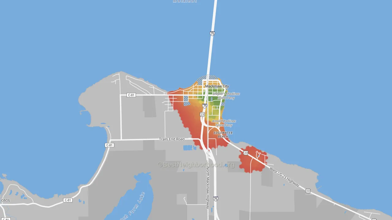 Walk Grade map of 49701, MI, walkable areas in green and car-dependent areas in red