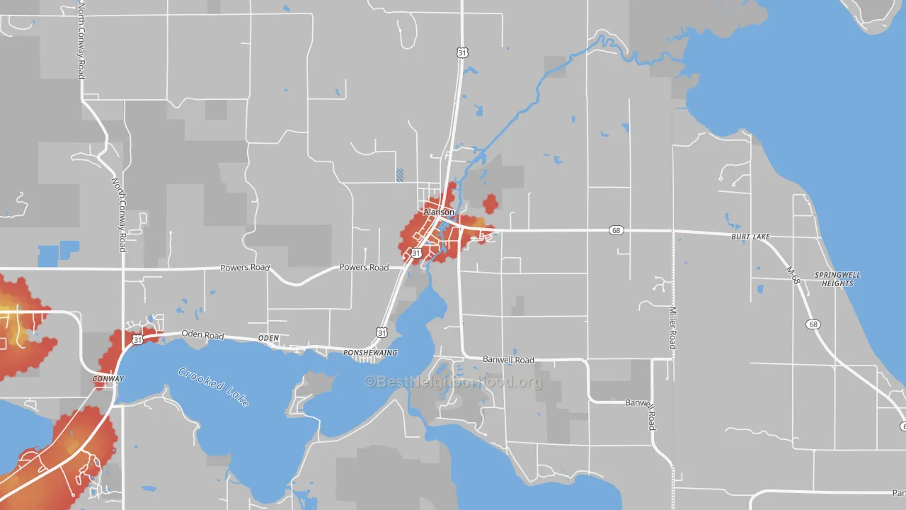 Walk Grade map of 49706, MI, walkable areas in green and car-dependent areas in red