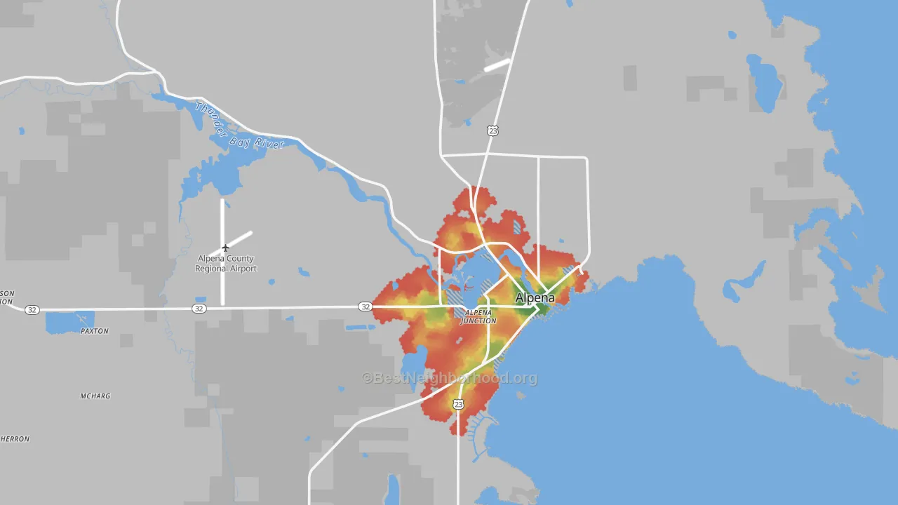 Walk Grade map of 49707, MI, walkable areas in green and car-dependent areas in red