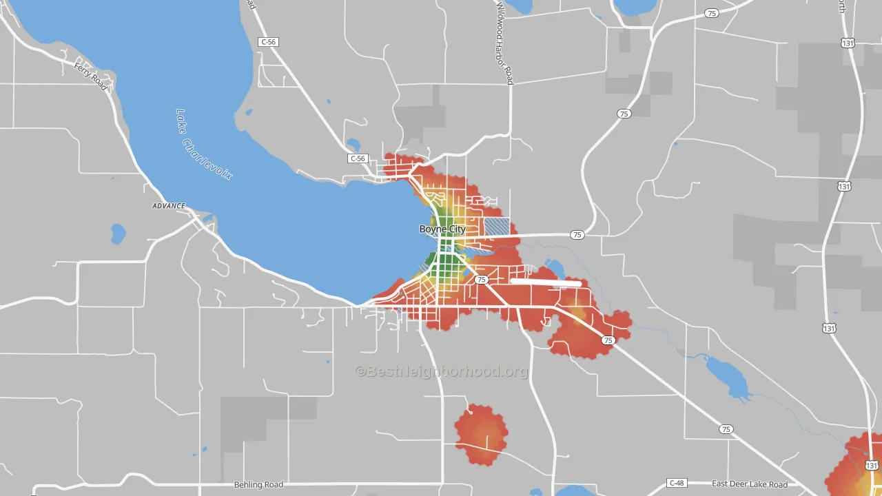 Walk Grade map of 49712, MI, walkable areas in green and car-dependent areas in red