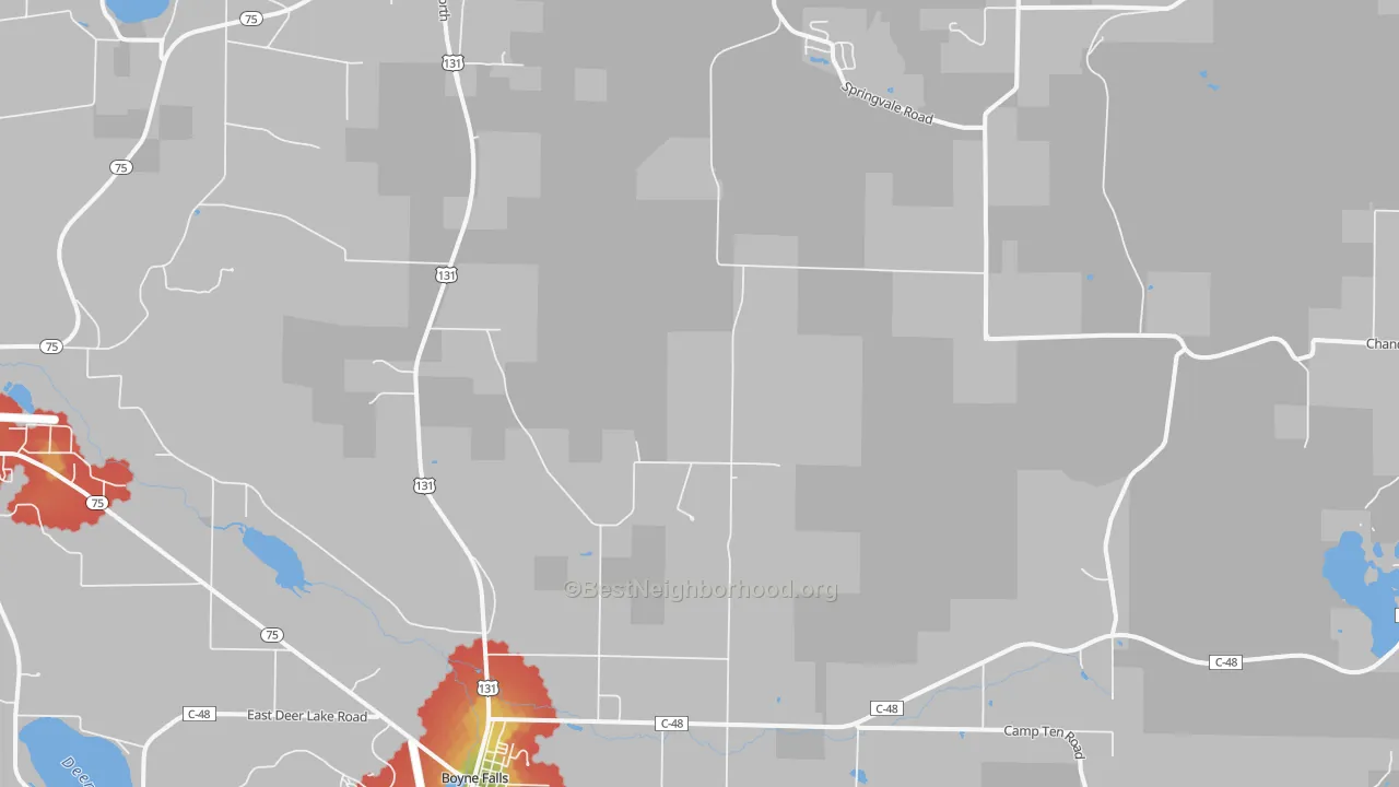 Walk Grade map of 49713, MI, walkable areas in green and car-dependent areas in red