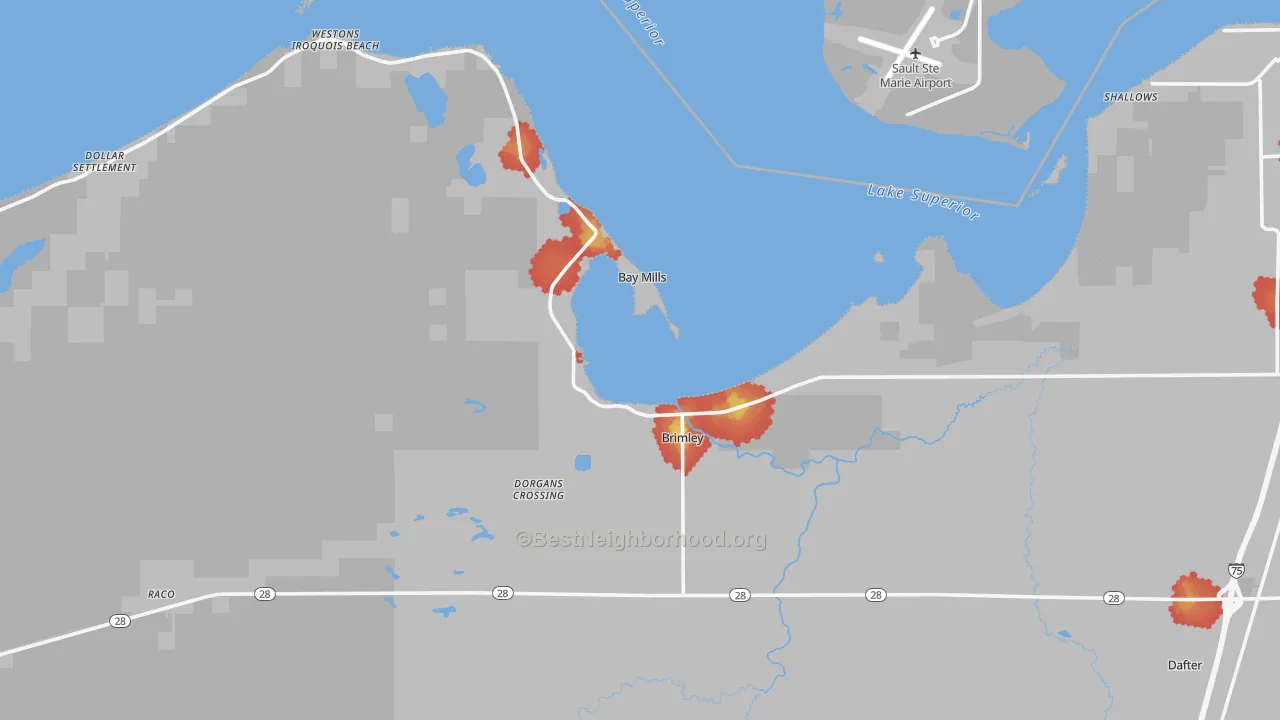 Walk Grade map of 49715, MI, walkable areas in green and car-dependent areas in red
