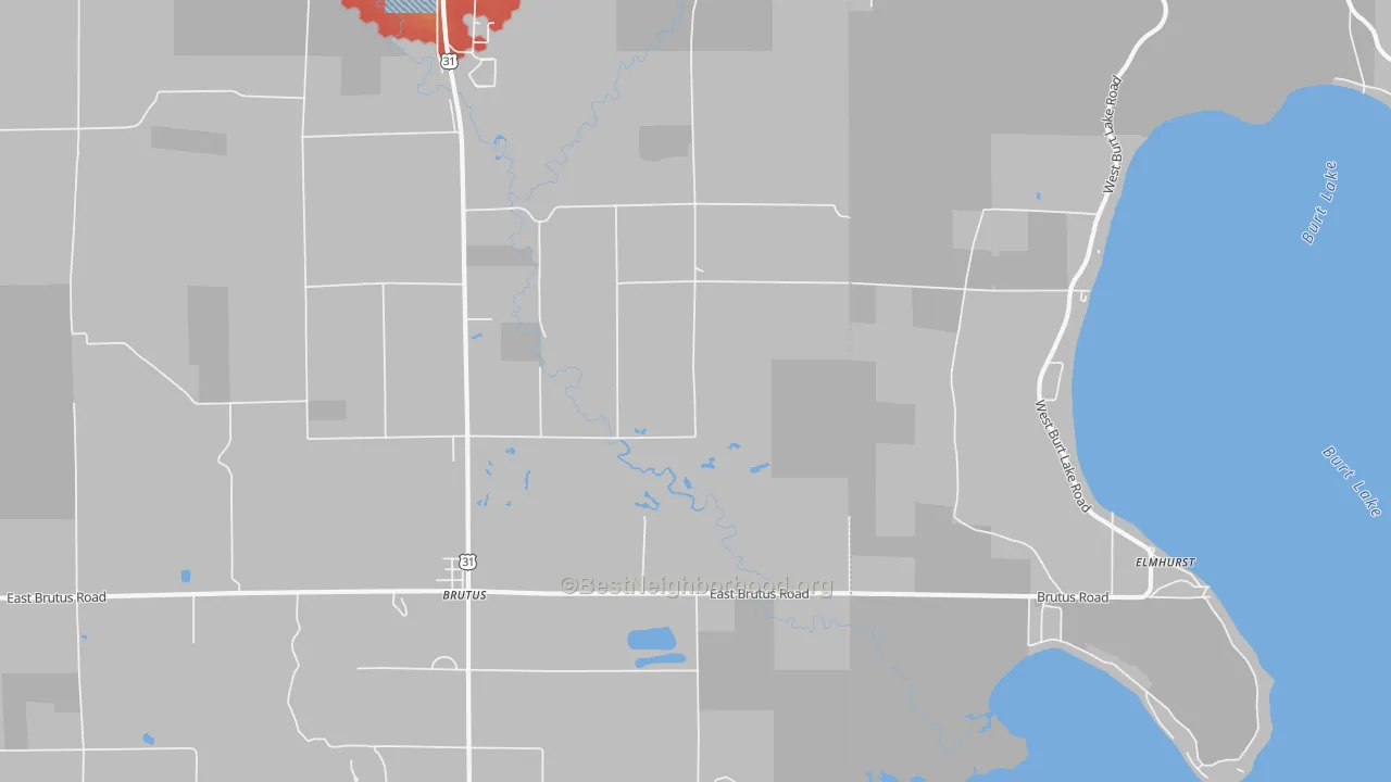 Walk Grade map of 49716, MI, walkable areas in green and car-dependent areas in red