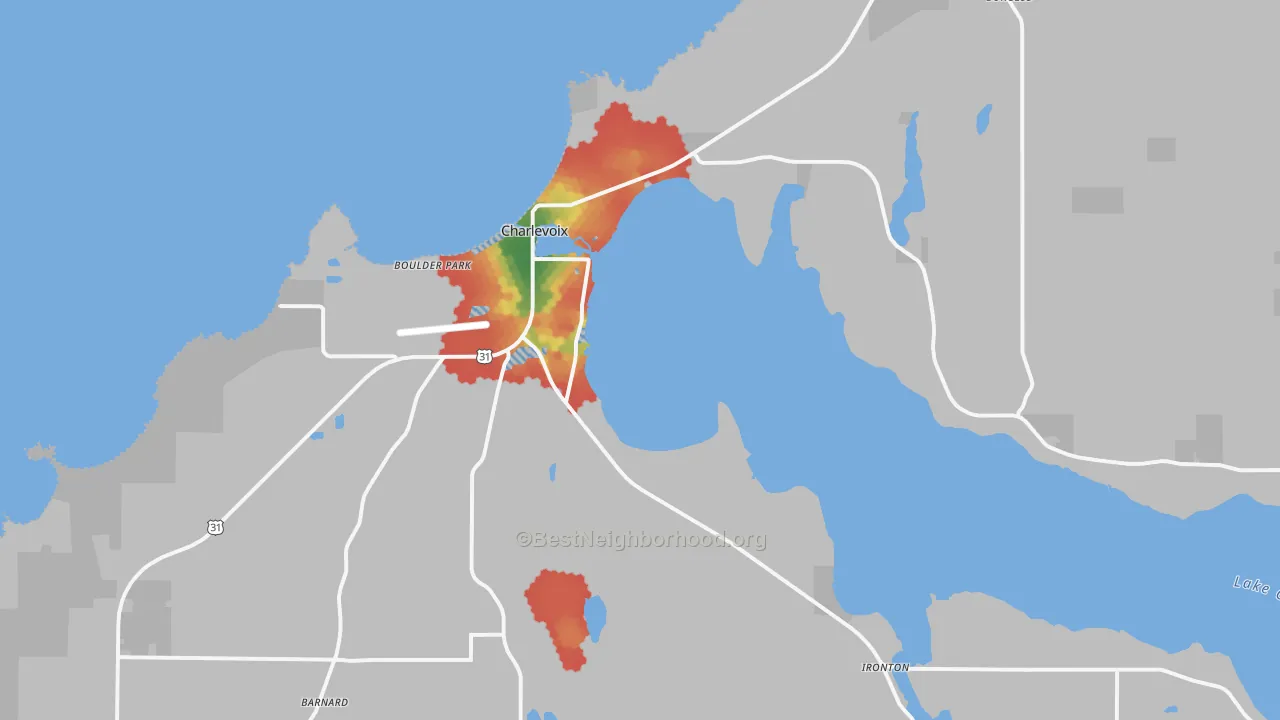 Walk Grade map of 49720, MI, walkable areas in green and car-dependent areas in red