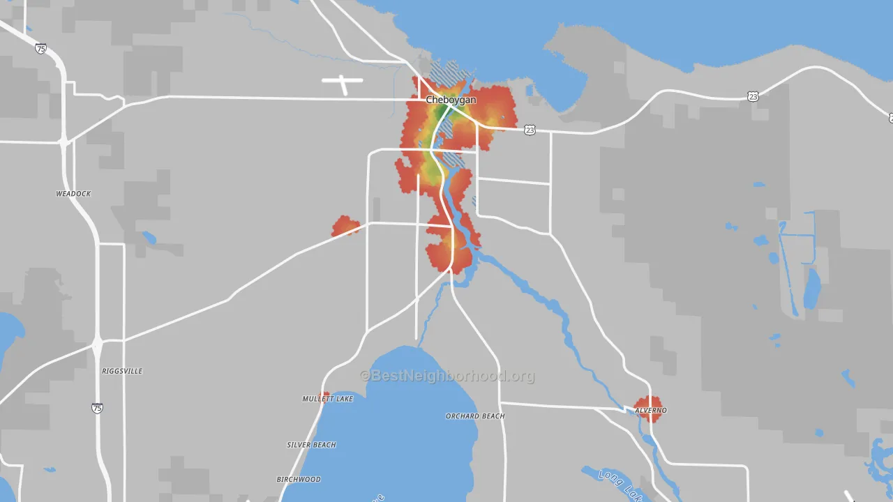 Walk Grade map of 49721, MI, walkable areas in green and car-dependent areas in red