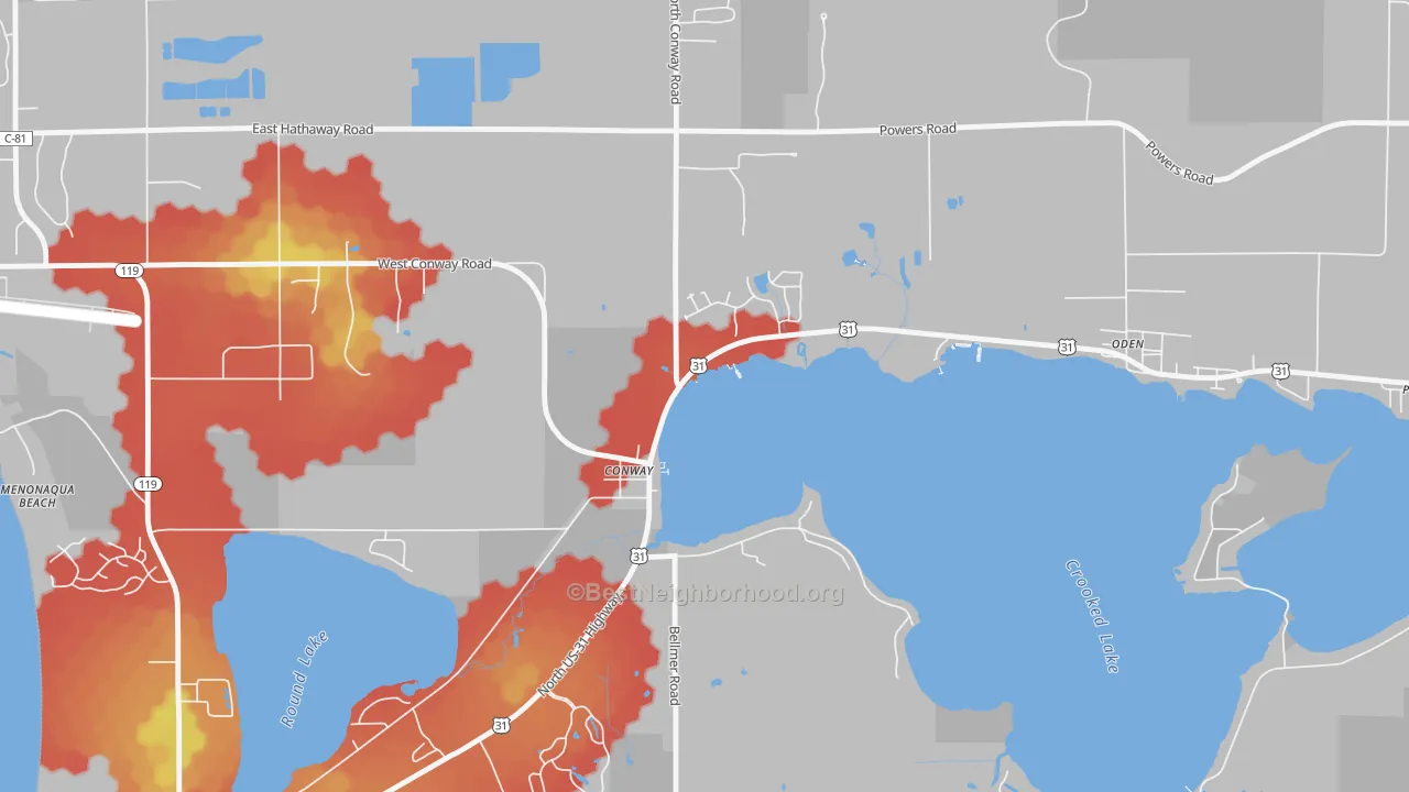 Walk Grade map of 49722, MI, walkable areas in green and car-dependent areas in red