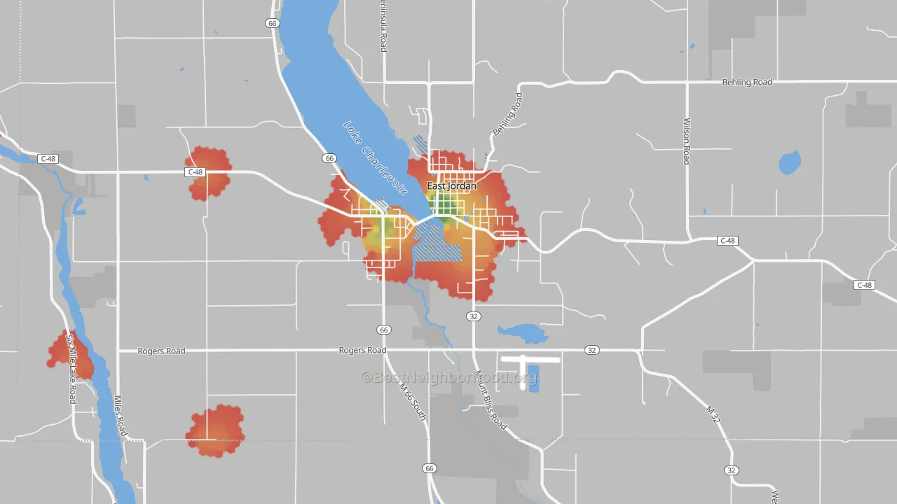 Walk Grade map of 49727, MI, walkable areas in green and car-dependent areas in red