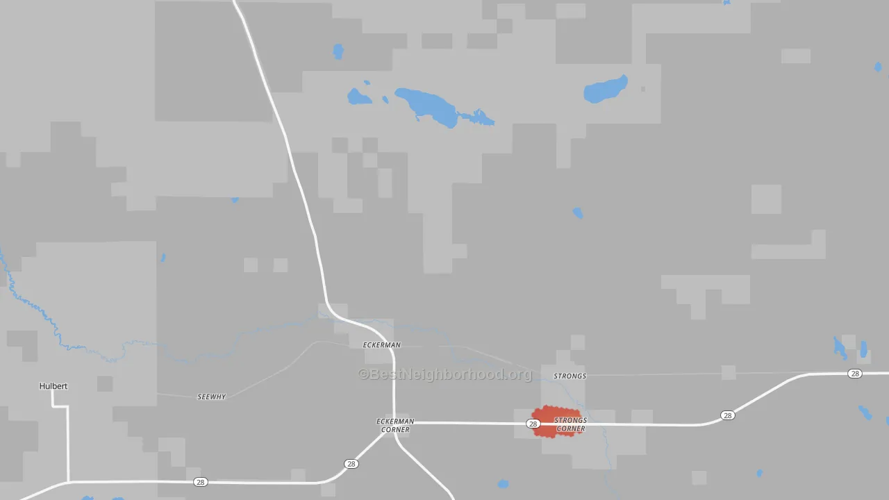 Walk Grade map of 49728, MI, walkable areas in green and car-dependent areas in red