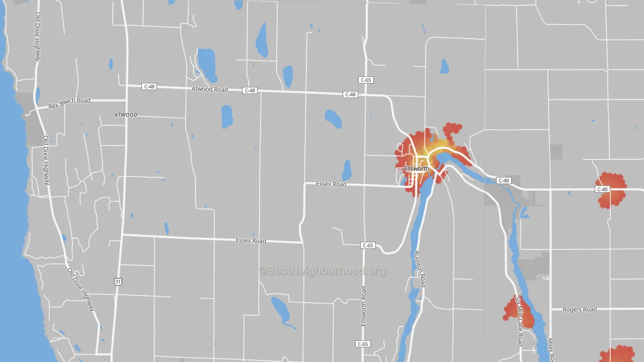 Walk Grade map of 49729, MI, walkable areas in green and car-dependent areas in red