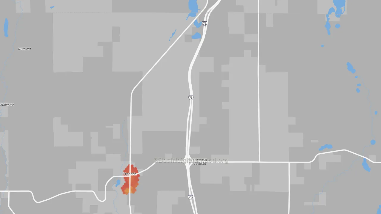Walk Grade map of 49733, MI, walkable areas in green and car-dependent areas in red
