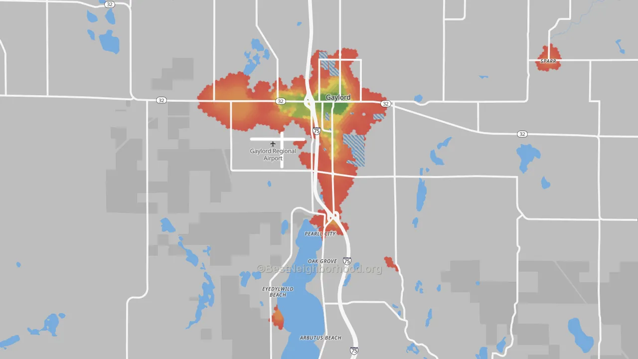 Walk Grade map of 49735, MI, walkable areas in green and car-dependent areas in red