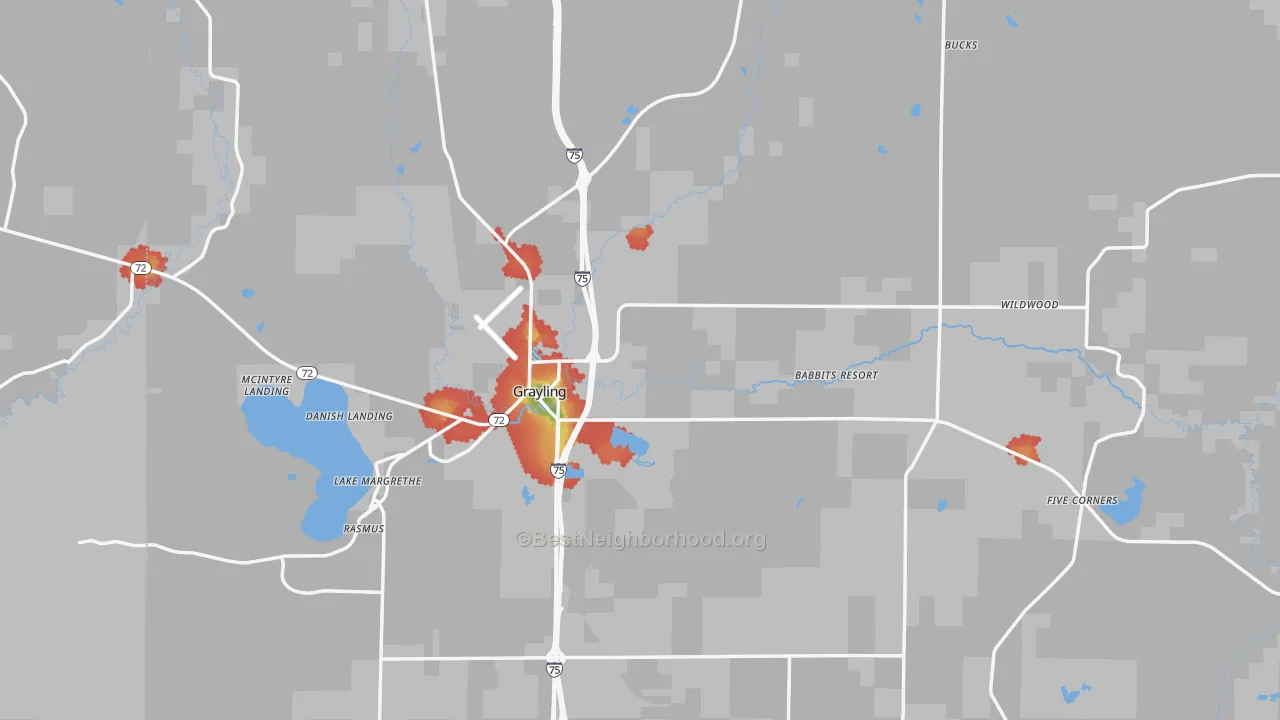 Walk Grade map of 49738, MI, walkable areas in green and car-dependent areas in red