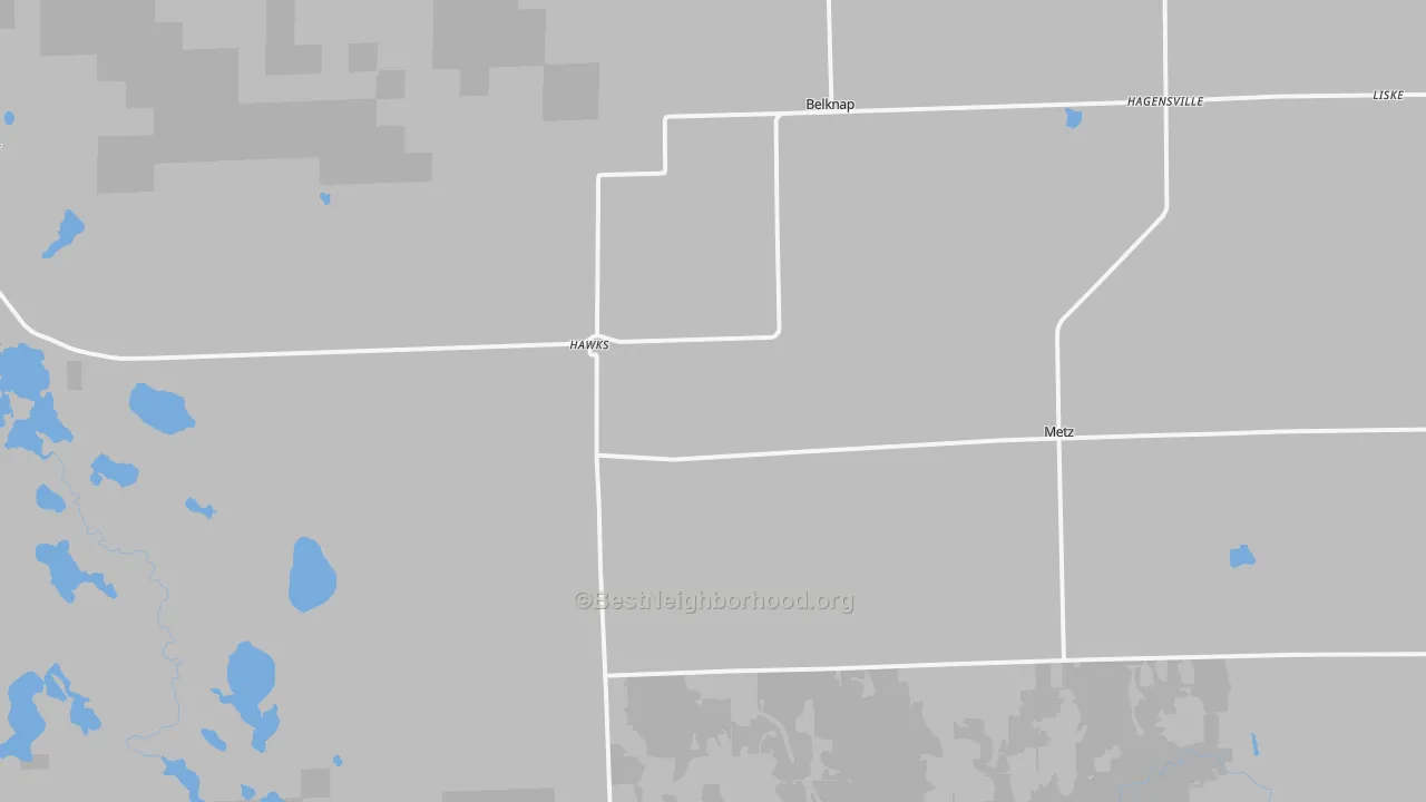 Walk Grade map of 49743, MI, walkable areas in green and car-dependent areas in red
