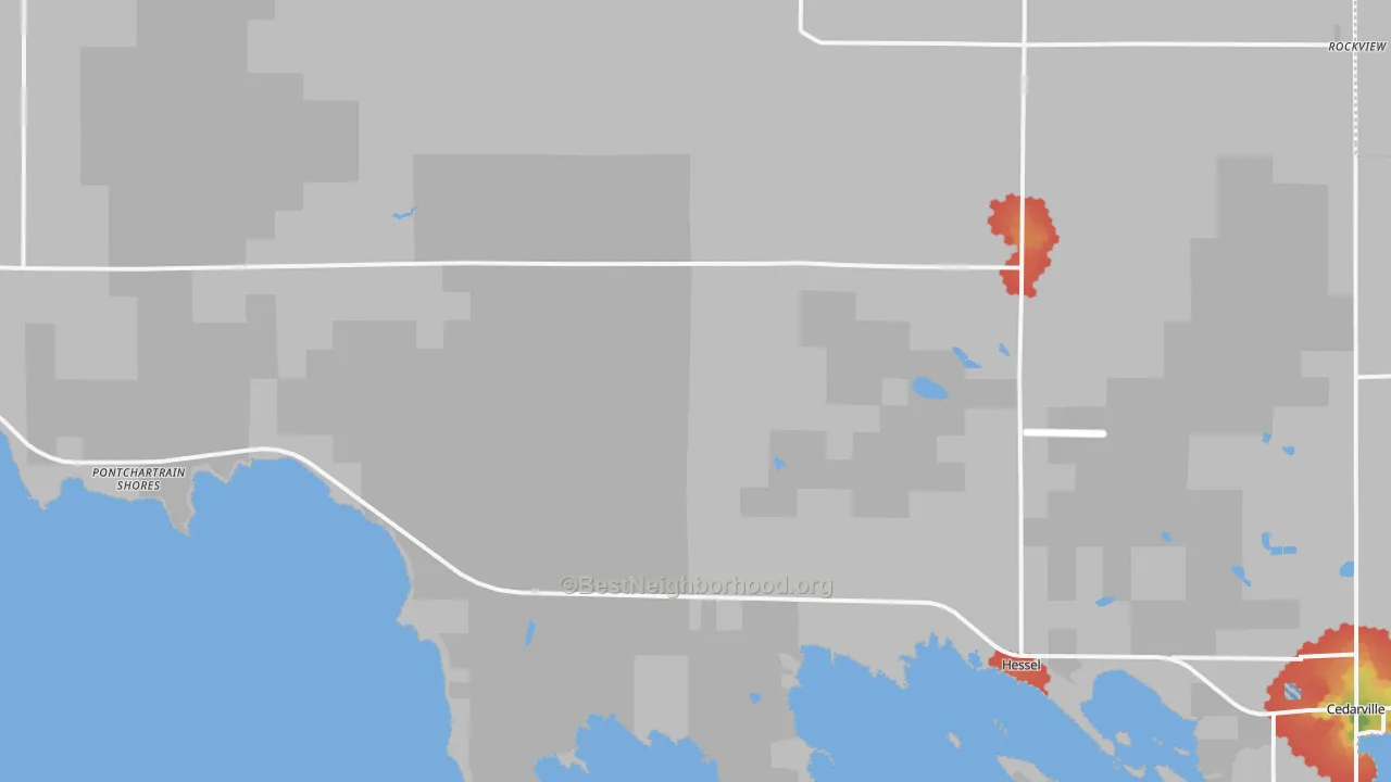 Walk Grade map of 49745, MI, walkable areas in green and car-dependent areas in red