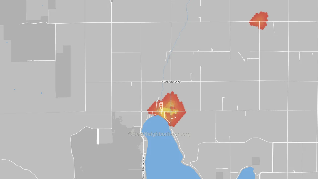 Walk Grade map of 49747, MI, walkable areas in green and car-dependent areas in red