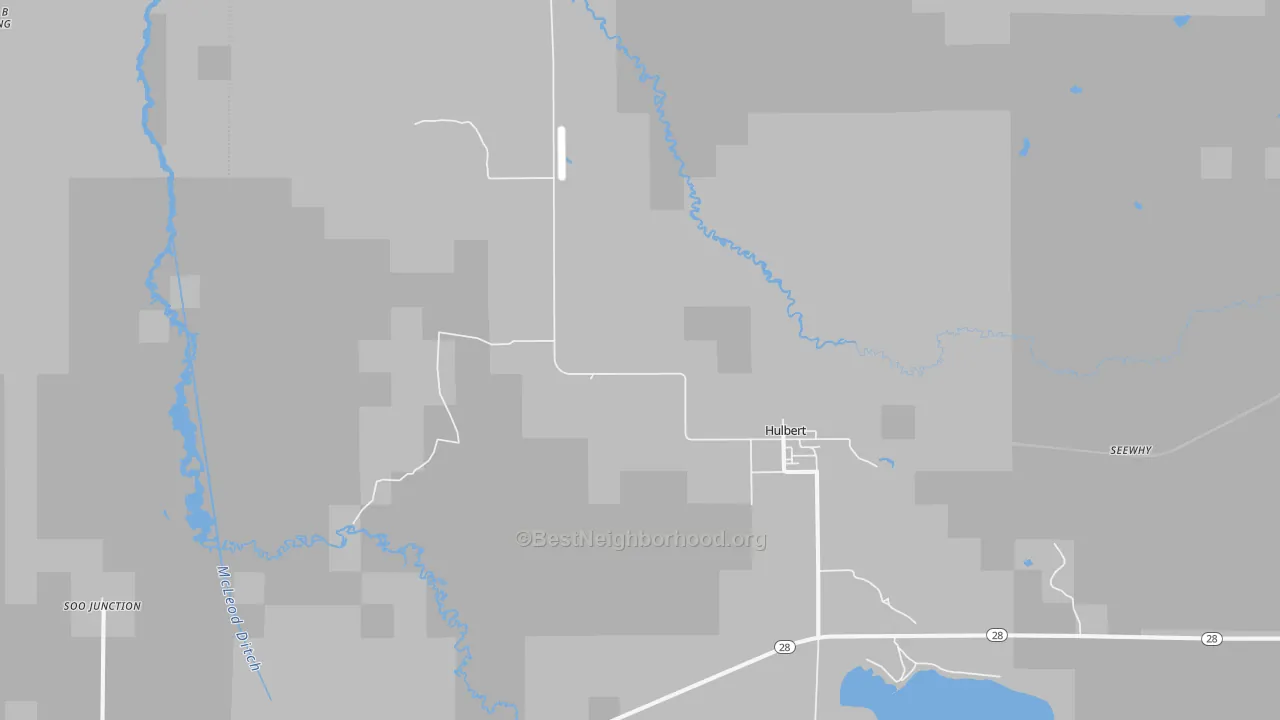 Walk Grade map of 49748, MI, walkable areas in green and car-dependent areas in red
