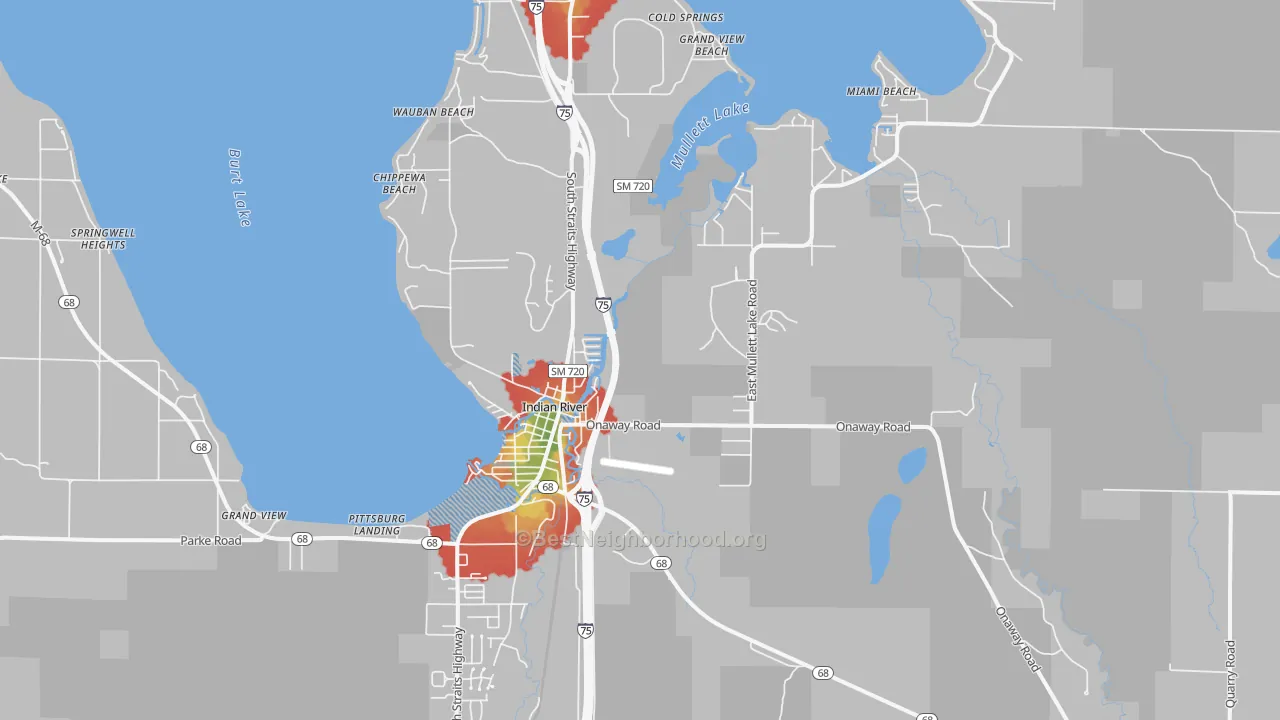 Walk Grade map of 49749, MI, walkable areas in green and car-dependent areas in red