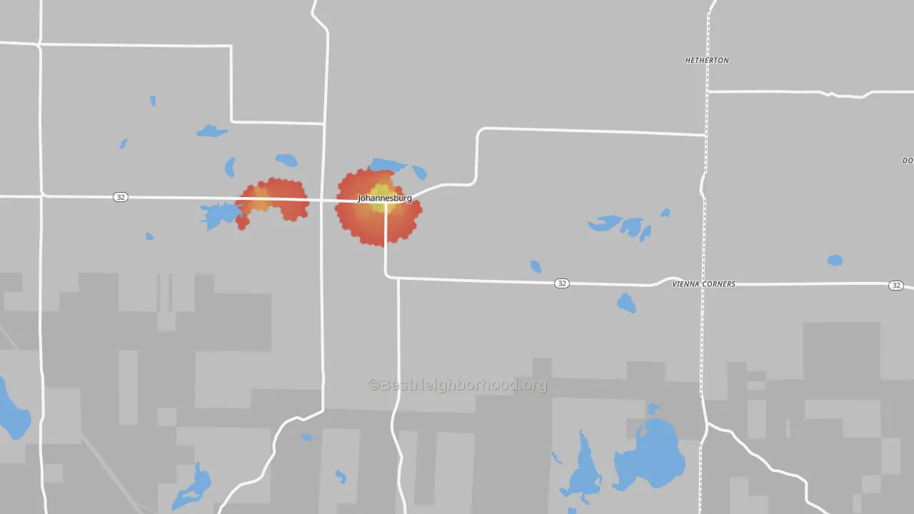 Walk Grade map of 49751, MI, walkable areas in green and car-dependent areas in red