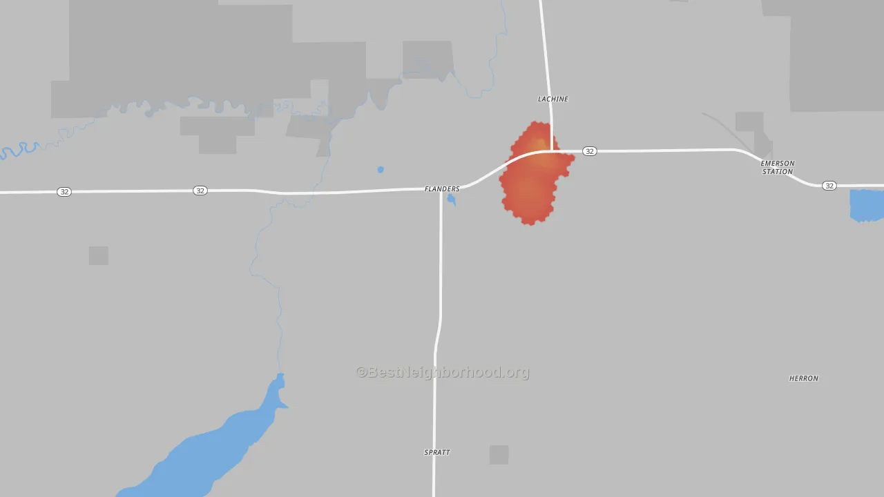 Walk Grade map of 49753, MI, walkable areas in green and car-dependent areas in red