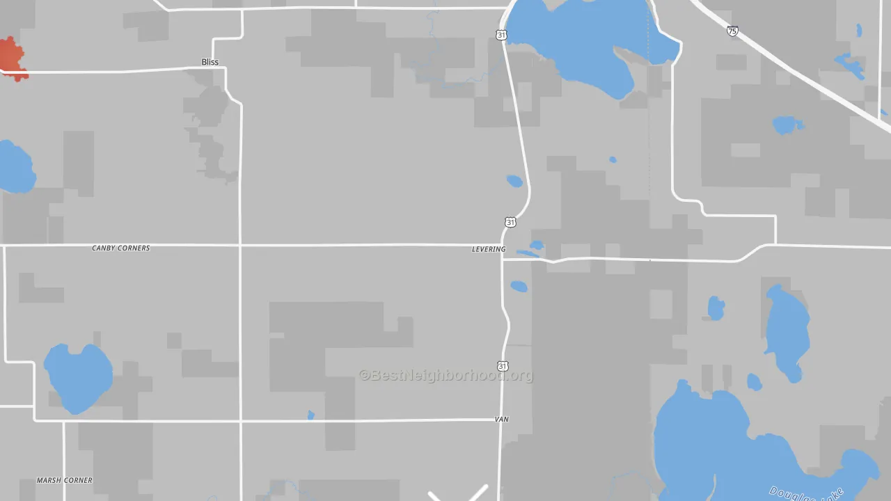 Walk Grade map of 49755, MI, walkable areas in green and car-dependent areas in red