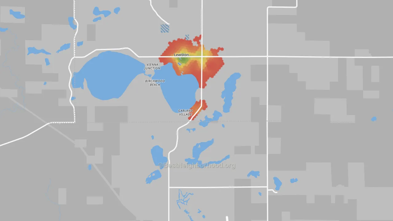 Walk Grade map of 49756, MI, walkable areas in green and car-dependent areas in red