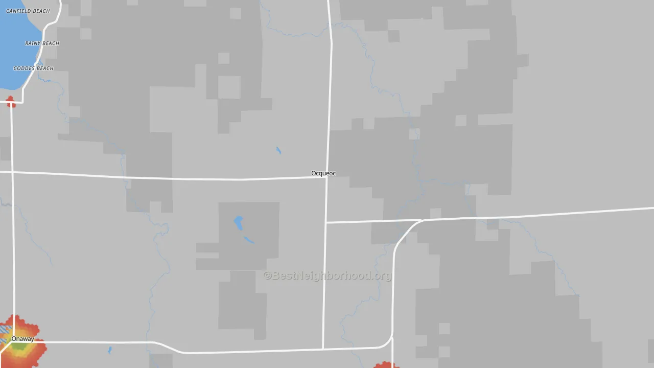 Walk Grade map of 49759, MI, walkable areas in green and car-dependent areas in red